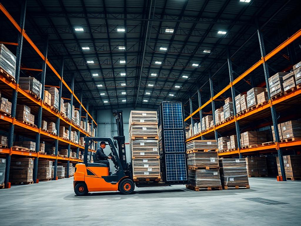 Palletised solar equipment being moved by forklift inside the Neon Xtra warehouse in Białystok
