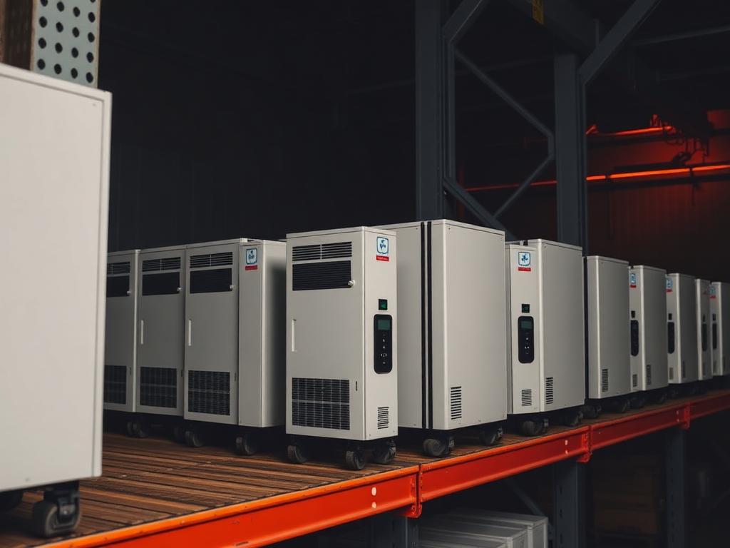 Hybrid solar inverters lined up on warehouse shelving