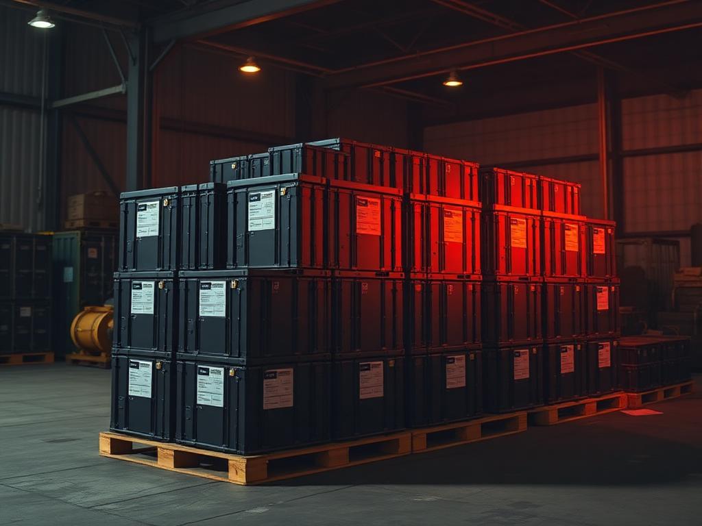 LiFePO4 battery storage modules stacked on pallets in the warehouse