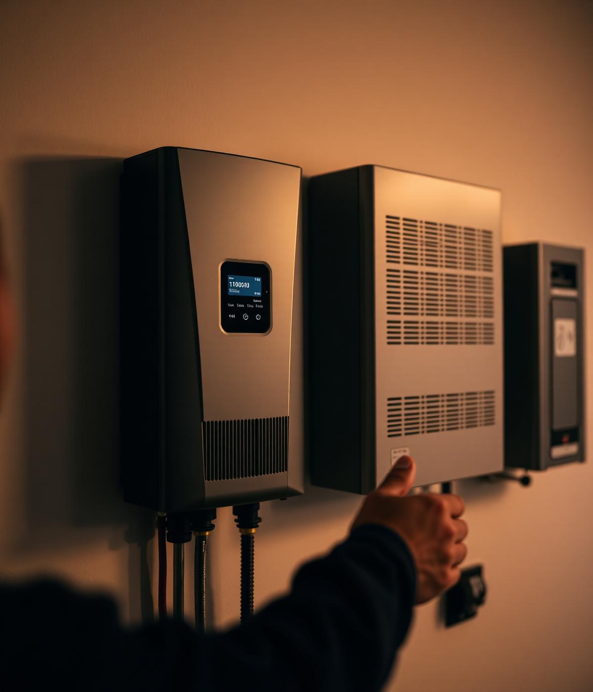 Technician commissioning a wall-mounted hybrid inverter next to a battery stack